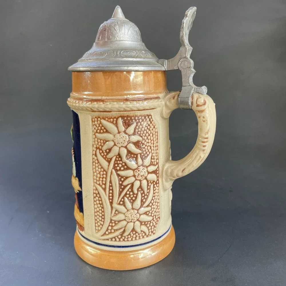 Small Vintage German Lidded Mini Beer‎ Stein Tavern Scene Floral